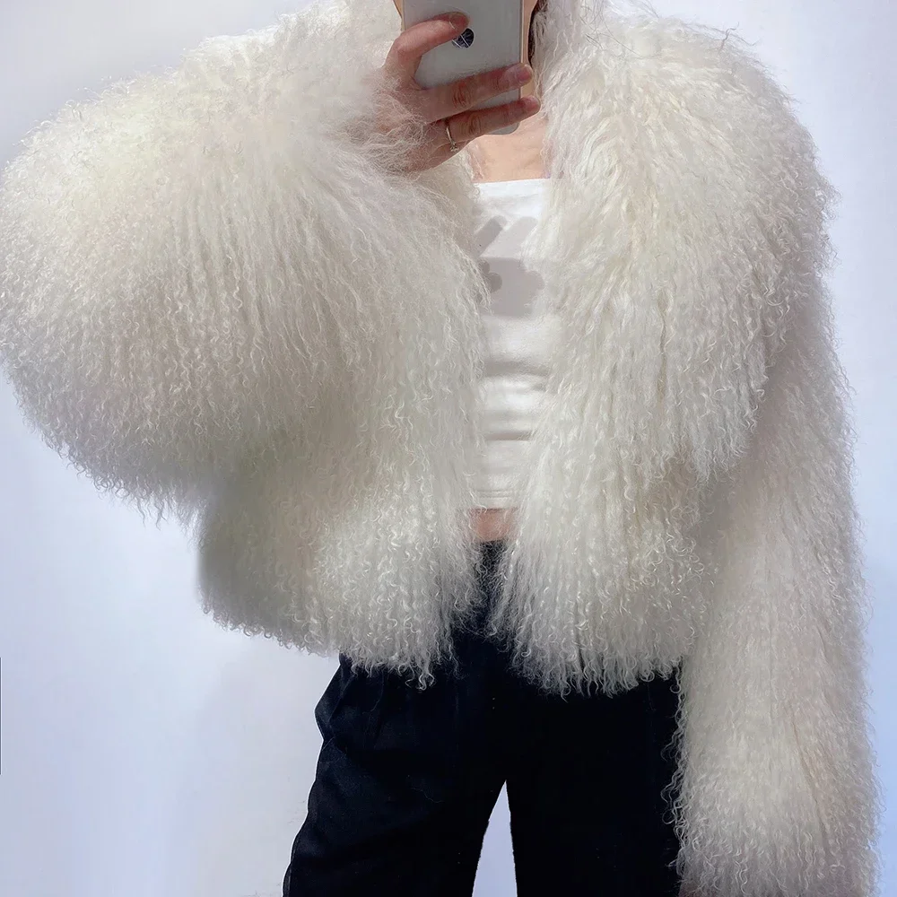 New Brand Women's Real Mongolia Sheep Fur Jacket With Collar Winter Coat Female fur coat