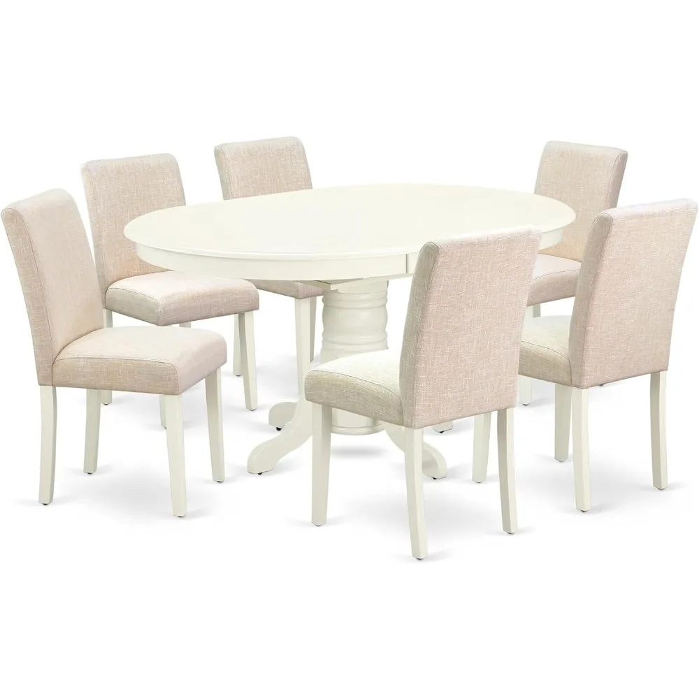 7Piece Dining Table Set Consist of an Oval Kitchen Table with Butterfly Leaf and 6 Light Beige Linen Fabric Parson Dining Chairs