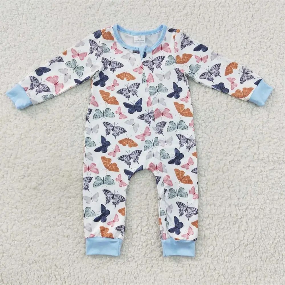 

Wholesale Newborn Unisex Butterflies Zipper Long Sleeves Jumpsuit Kids Children Clothing Toddler Blue One-piece Romper Clothes