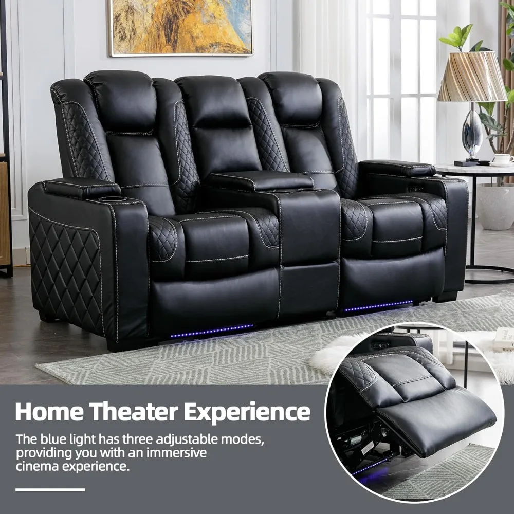 Sièges de cinéma maison en simili cuir noir avec éclairage ambiant, fauteuil inclinable électrique, appui-tête réglable, caché