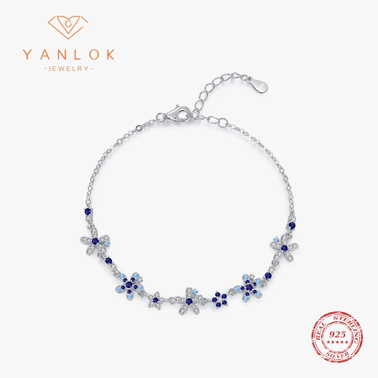 

YANLOK 925 Sterling Silver Exquisite Flower Royal Blue Zircon Bracelet Fashion Charm Bracelet For Women Fine Jewelry