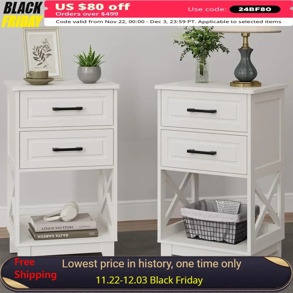 

Tall Nightstand Set of 2 Side Table with 2 Drawers and Open Shelf Below Modern NightStand End Table