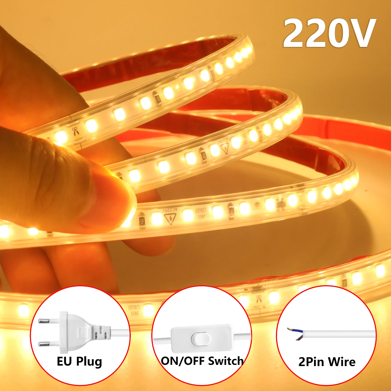 

AC 220V 230V 2835 LED Strip Light Waterproof 120LEDs/m Flexible Tape Lamp 0.5m 1m 2m 5m 10m 20m 40m Adhesive LED Lighting Strip
