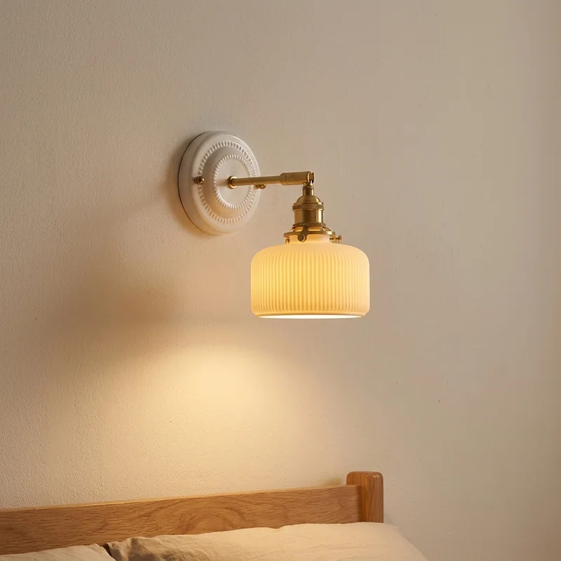 Nordic Japanese Ribbed Wall Mounted Bedroom Bedside Hallway Living Room Decorative Shade Fixture Home Interior Ambient Wall Lamp