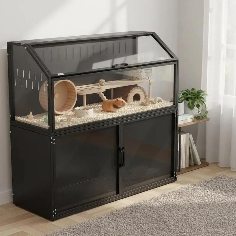 

Hamster Cage with Storage Cabinet, Small Animal Cage with Easy View Acrylic Panels and Openable Top, Guinea Pig Habitat
