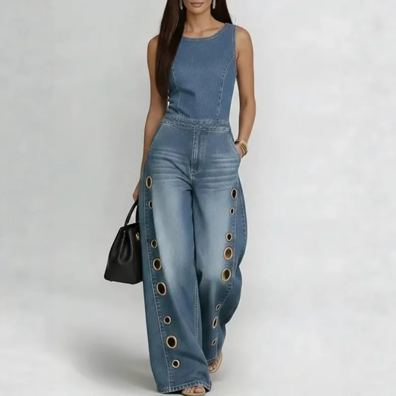 

jeans for woman Women's Streetwear Hollow Out Denim Jumpsuit High Waist Loose Eyelet Metal Rivet Design Casual Fashion Overall
