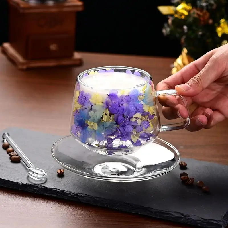 Dried Flowers Double Wall Glass 250ml Flower Clear Coffee Glass With Dish Spoon Coffee Cups Anti-Scalding Flowers Double