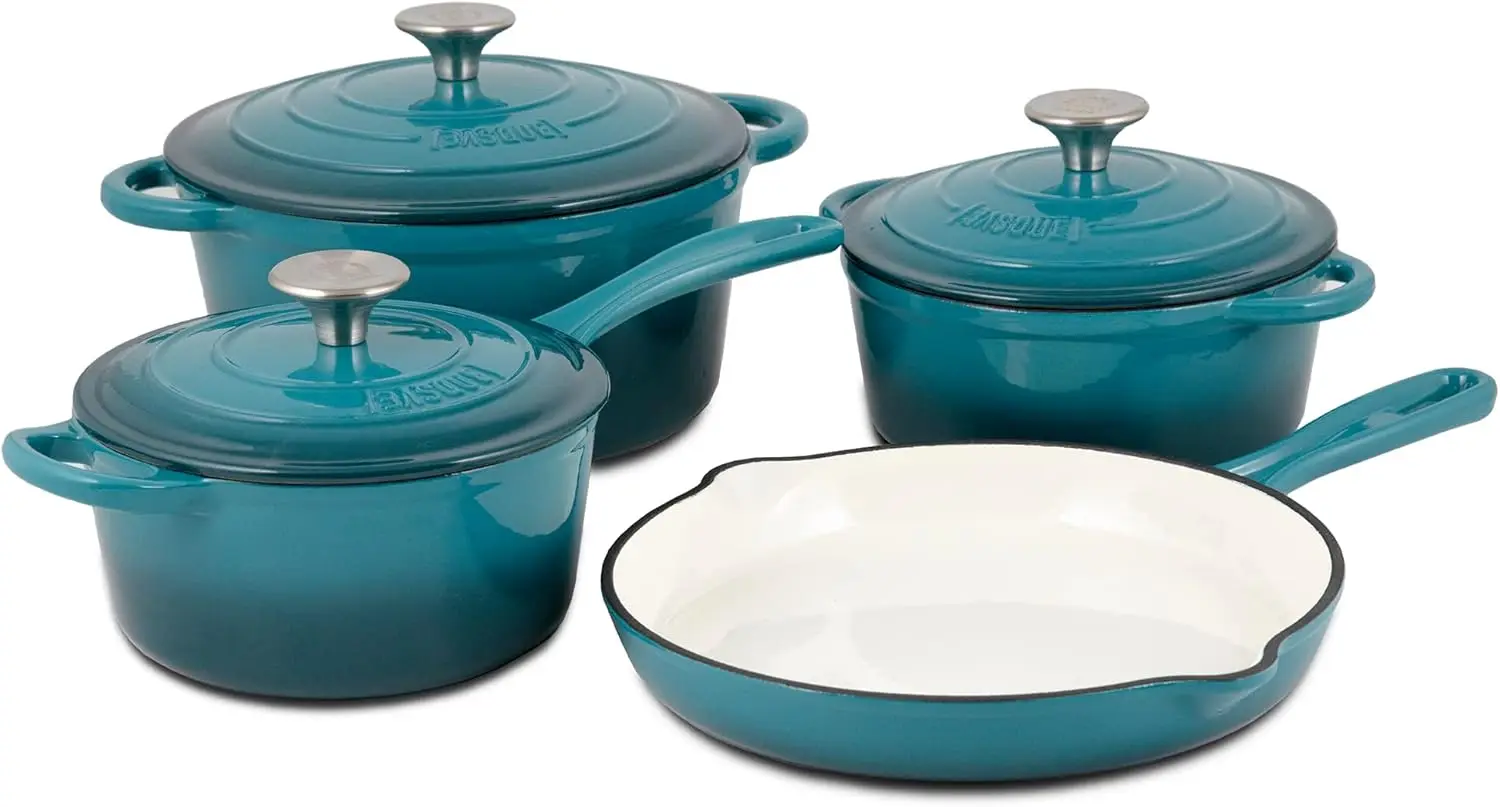 Enameled Cast Iron Cookware Set, 7-Piece Set (Biscay Blue), Nonstick, Oversized Handles, Oven Safe; Skillet, Saucepan, Small Dut