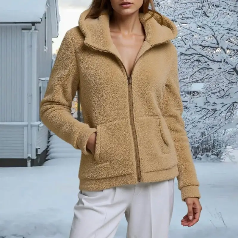 

652F Winter Warm Women Fleece Hooded Sweatshirt Lightweight Full Zip Long Sleeve Fuzzy with Large Front Pockets