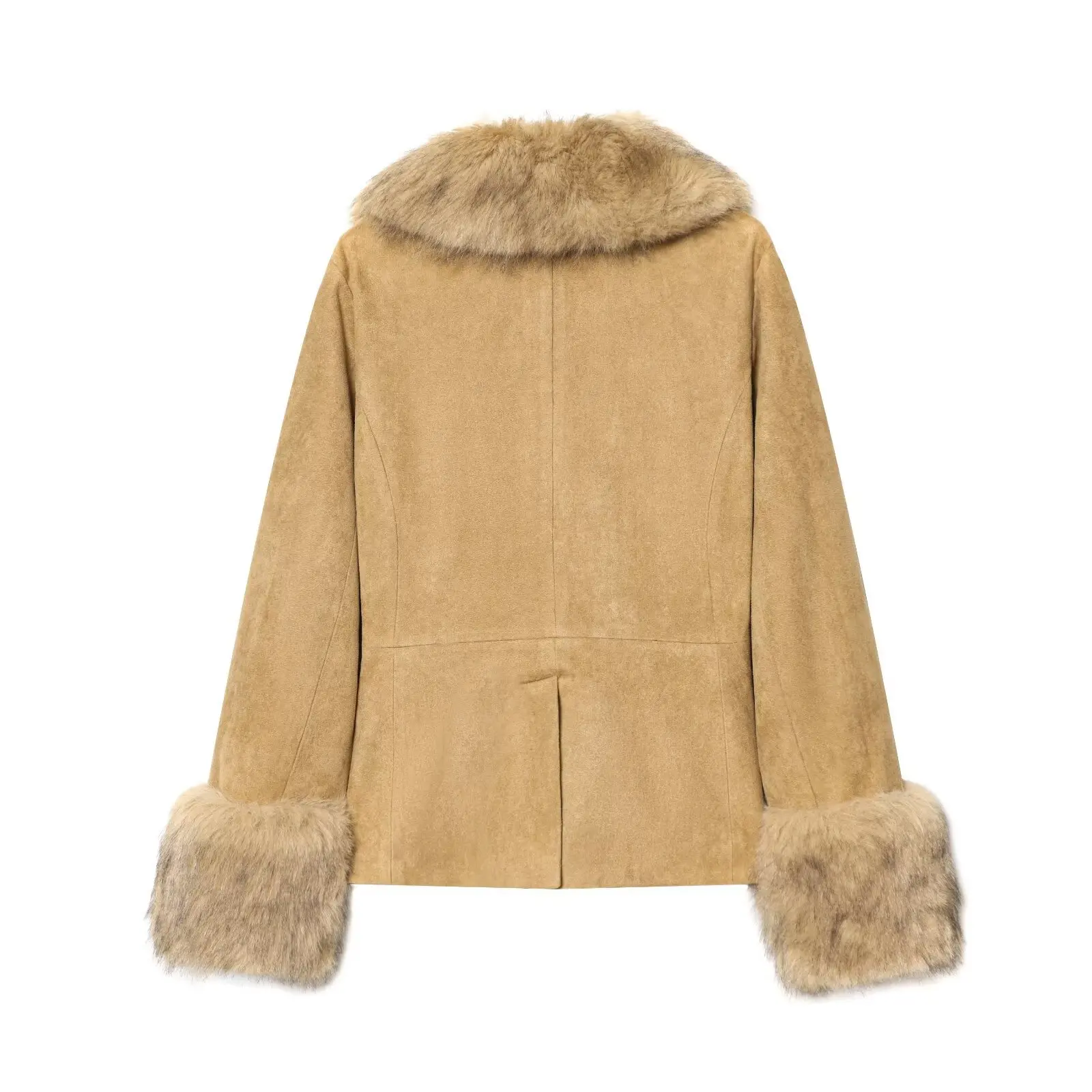 KIDCRKJ Donna Primavera Elegante Cappotto di Pelle Scamosciata Cachi Collo di Pelliccia Grande Giacca di Pelliccia Integrata per Lady Temperamento Chic Capispalla Femminile