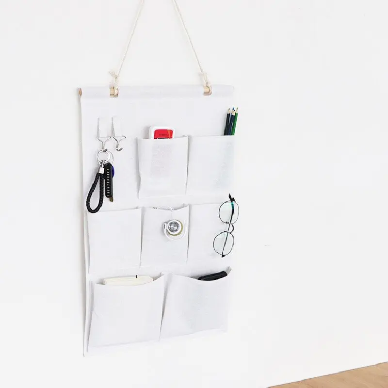 Multifunctional Cotton and Linen Wooden Stick Fabric Storage Hanging Bag, Original Color, Dormitory Wall Hanging Storage Bag