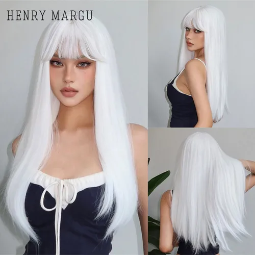 HENRY MARGU pelucas sintéticas largas y rectas blancas para mujer, pelo falso colorido para fiesta de Cosplay con flequillo, peluca blanca de alta temperatura
