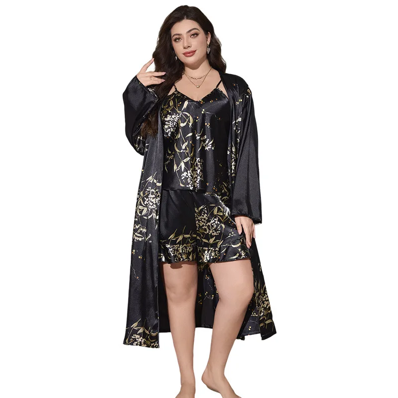 Plus Size Women's Pajamas No Rules Printed Pajamas Set Women's Pajamas Three Piece Set Sexy Ice Silk Sling Dress Casual Homewear