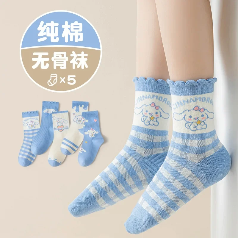 

5 Pairs Sanrio Cinnamoroll Kids Socks Kawaii Fall Winter Cartoon Boy Children Combed Mid-calf Socks Cotton Sock for Girls Gifts