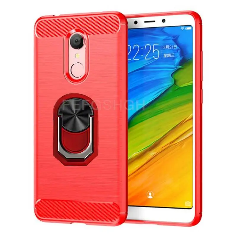 Brushed Carbon Fiber phone case For Xiaomi Redmi 5 Plus Magnetic ring holder silicone back cover For Xiaomi Redmi 5