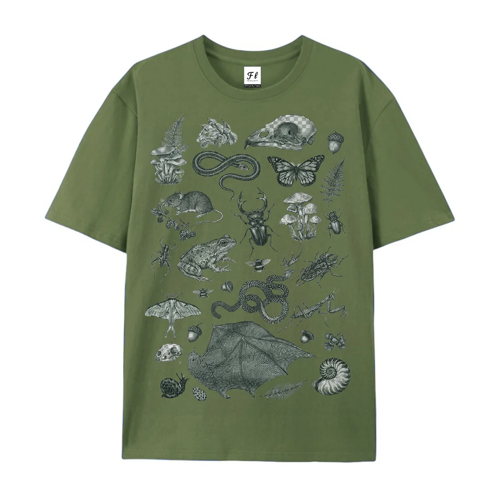 Men Vintage Dark Forest Creatures Graphic T Shirt Botanical Wildlife Sketch Print Crew Neck Casual Loose Short Sleeve Gothic Tee