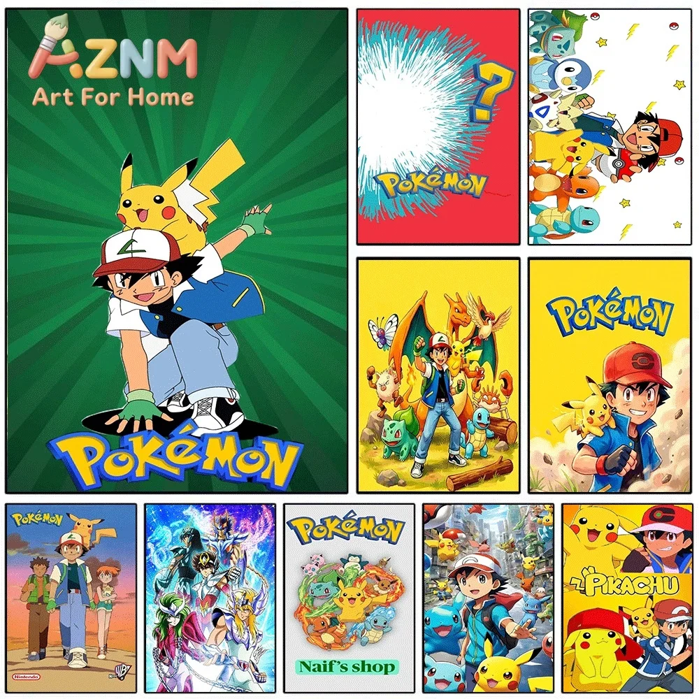Green Radial Burst Ash And Pikachu Pokemon Canvas Wall Art No Frame Anime Print Poster Painting for Kids Bedroom Living Room H