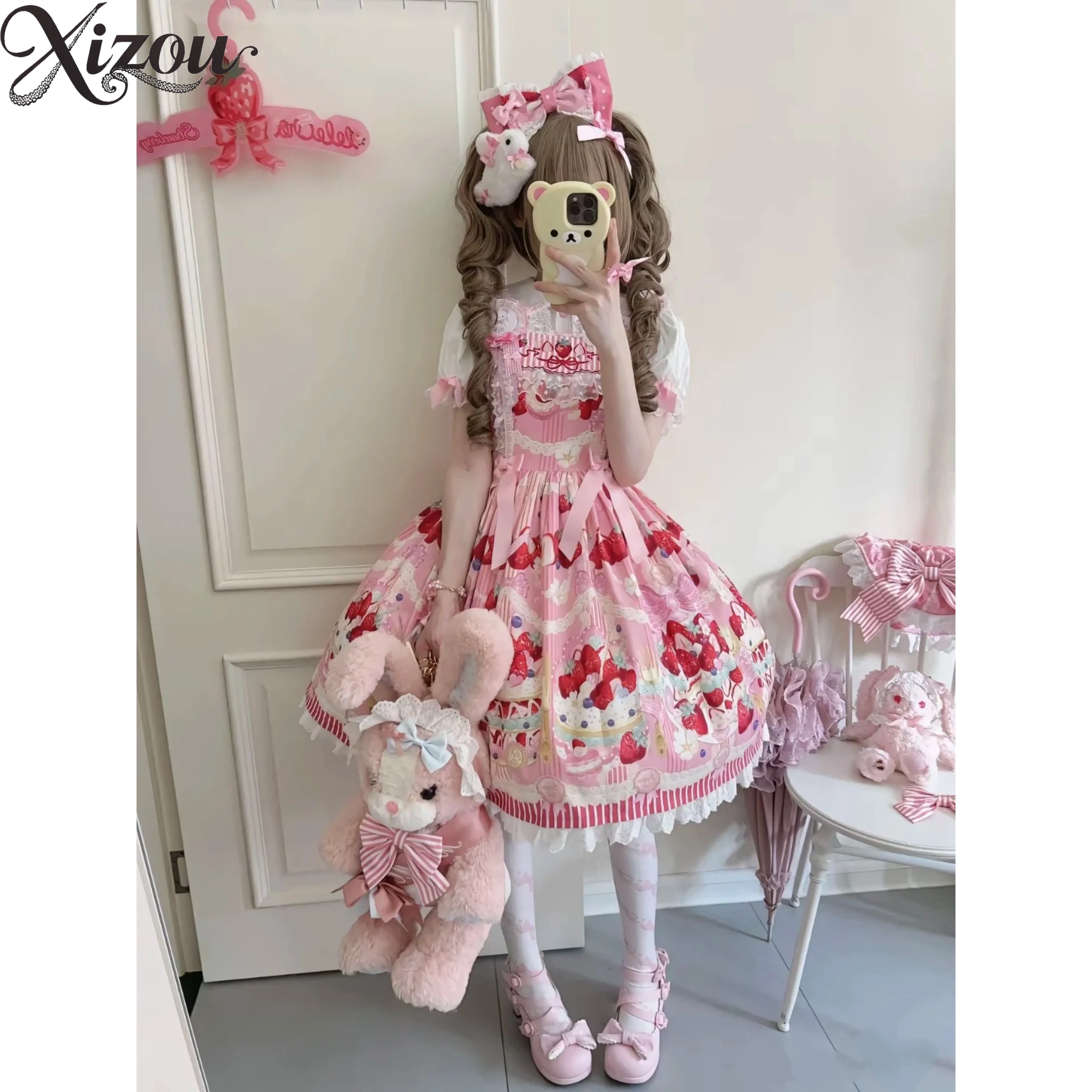 2-teiliges Set für Damen im Lolita-Stil, Sommer, niedlich, gestreift, Erdbeerrosa, JSK-Hosenträger, Prinzessin, kurzärmeliges Oberteil und Kleid-Set