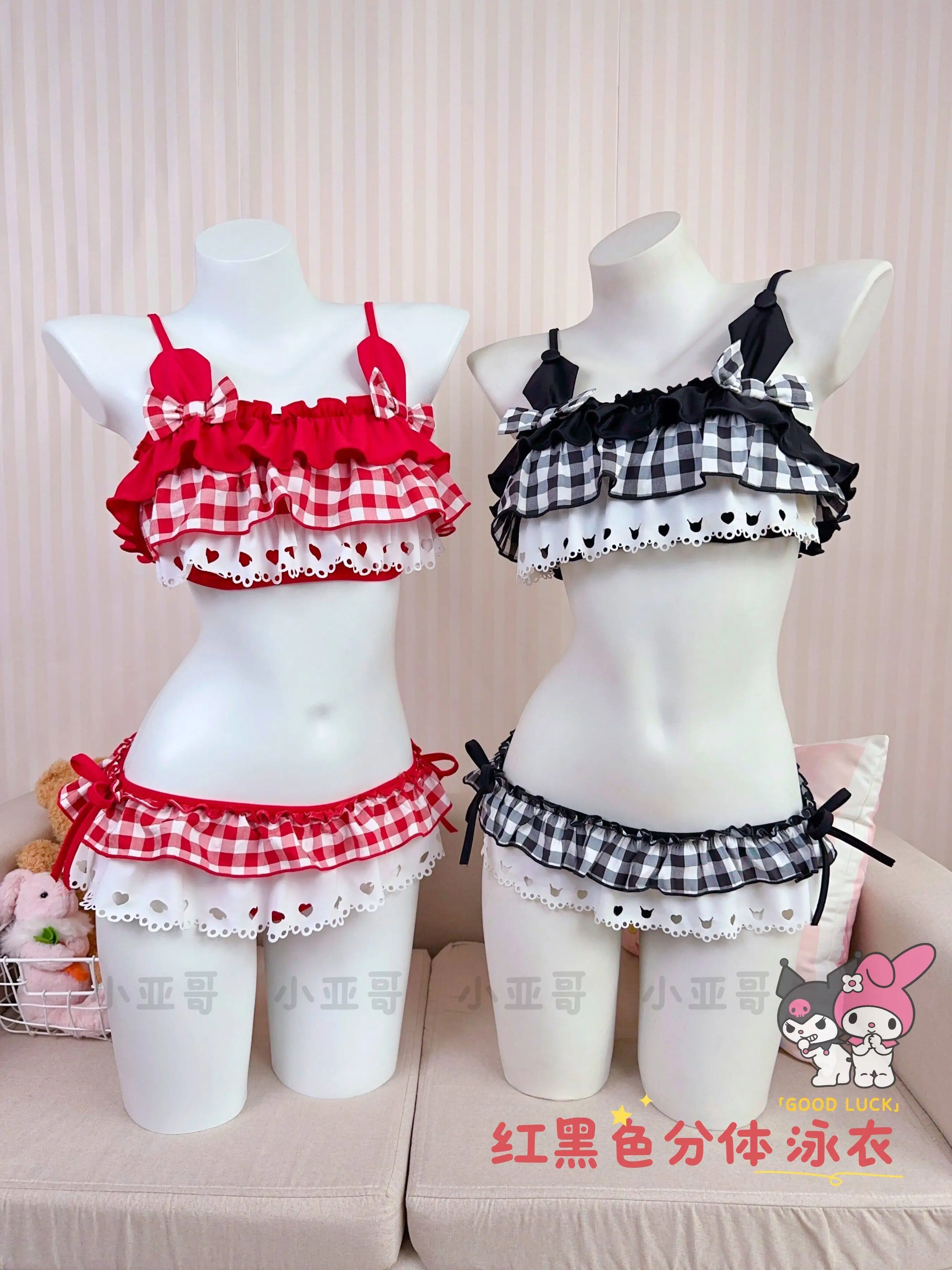 2026 Summer New Skirt Separates Swimsuit Cute Lace Red Black Swimwear 2-piece Set Kawaii Lolita Girls Sweet Bikaii Set Vacation