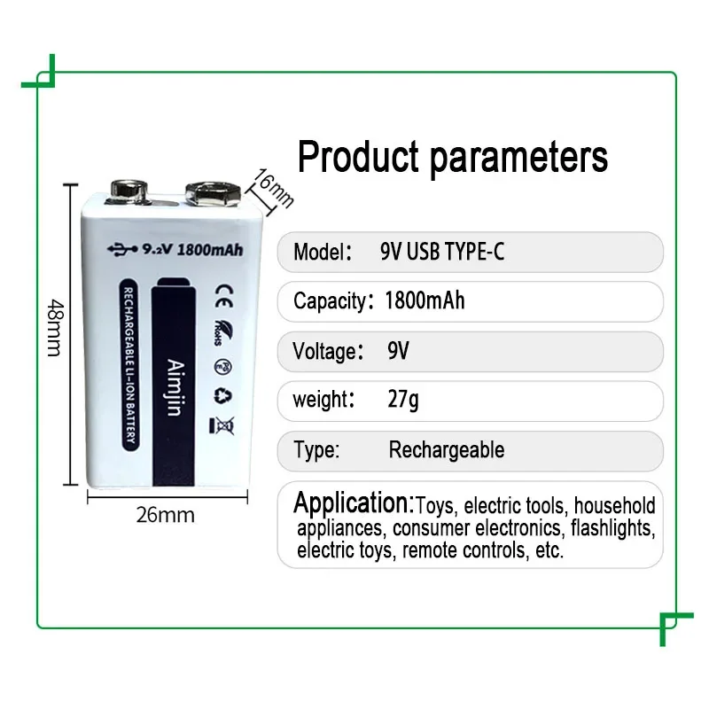 แบตเตอรี่แบบชาร์จไฟได้ Li-ion 9 V 1800mAh แบตเตอรี่ไมโคร USB ลิเธียม9 V สำหรับไมโครโฟนมัลติมิเตอร์ mainan REMOTE CONTROL KTV