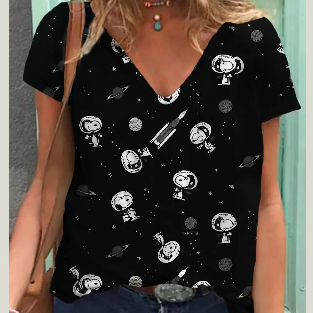 Cute Snoopy print Women\'s T-shirt V-neck top Summer Vintage Harajuku Women\'s T-shirt Fashion Loose Women\'s Clothing