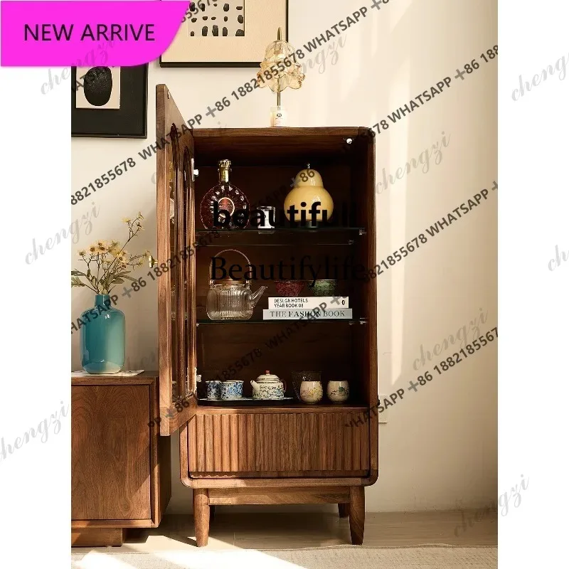 D5556 Household living room three-dimensional side cabinet storage, simple glass display solid wood locker