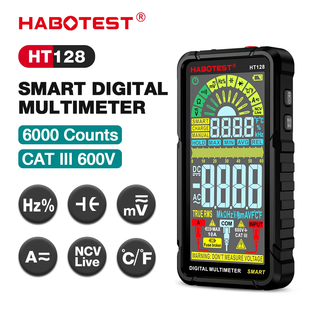 HABOTEST HT128 Intelligent Digital Multimeter 6000 Counts NCV Multimeter LCD Backlit Multi-function Rechargable Electrical Tool