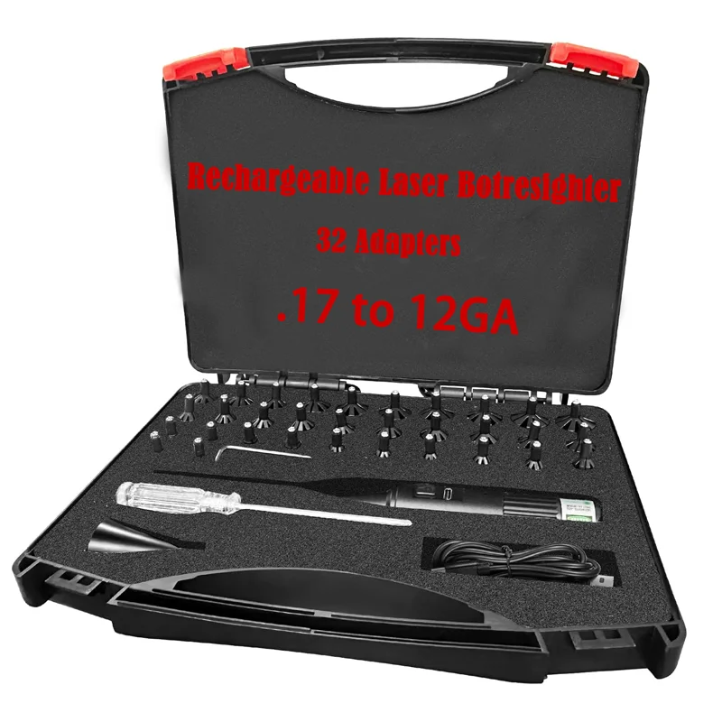 Rechargeable Laser Boresigher Kit 32 Adapters  .17 .177 .22 to 12GA USB Charging Laser Collimator