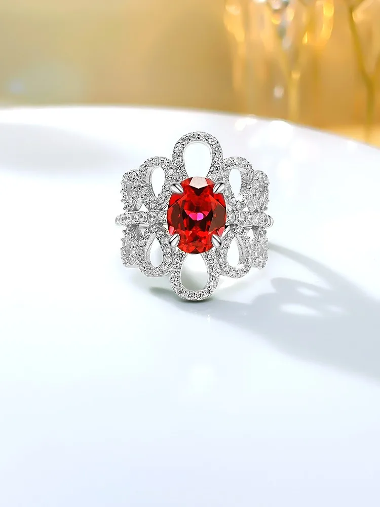 New Seiko Flower Red Treasure 925 Silver Ring Set with High Carbon Diamonds, Unique Design, Versatile for Women