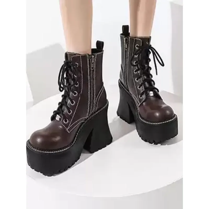 Y2K Punk Gothic Vintage Platform Ankle Boots, Lace‑Up Side Zipper Chunky Block Heel, Black Brown Two‑Tone Short Motorcycle Boots