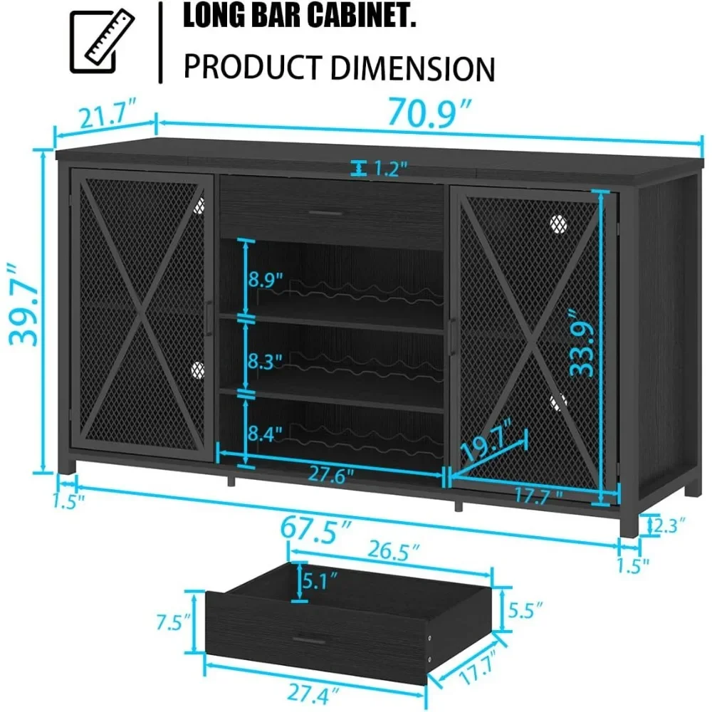 Long Coffee Bar Cabinet with Fridge Space, Modern Wood Metal Large Wine Sideboard Buffet Cabinet for Kitchen Dining Room