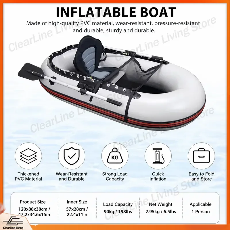 Inflatable Fishing Boat PVC Belly Boat One Person Float Tube Kayak Canoe Raft Portable Water Sports Gear for Lake River Sea