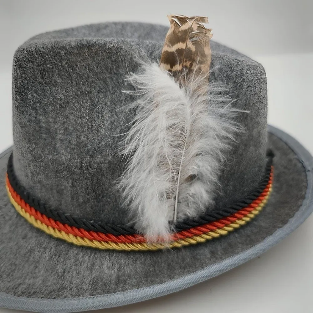 Classic Bavarian Feather Hat Structured Brim Western Fedora Hat Decorative Side Cord Dress Up Panama Hat Halloween Party