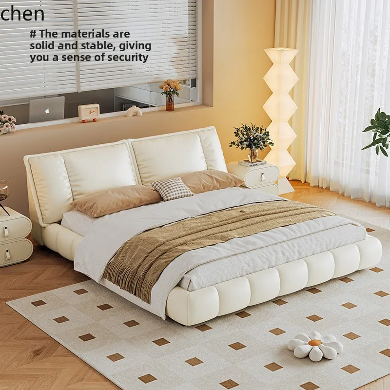 ZML Bed Double Master Bedroom High-End Elegant Bed New Genuine Leather Soft Sailboat Bed