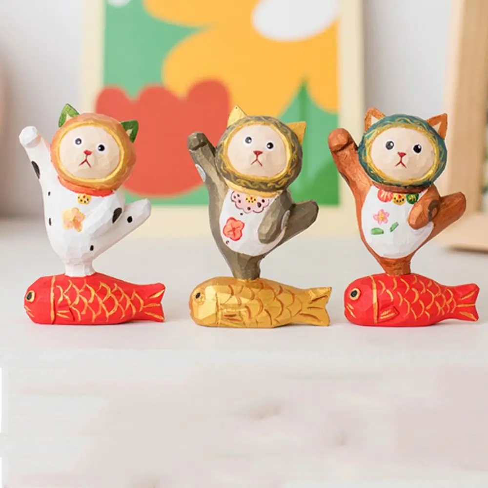 Small Wood Carving Cat Ornament Solid Wood Cute Painted Cartoon Cat Sculpture Handmade Simple Style