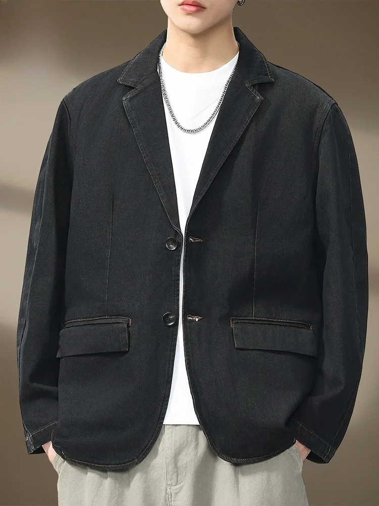 

Мужской джинсовый костюм: повседневный пиджак, новая весенняя коллекция, модный бренд, для работы и повседневной носки, с длинным рукавом, стандартный крой, полиэстер