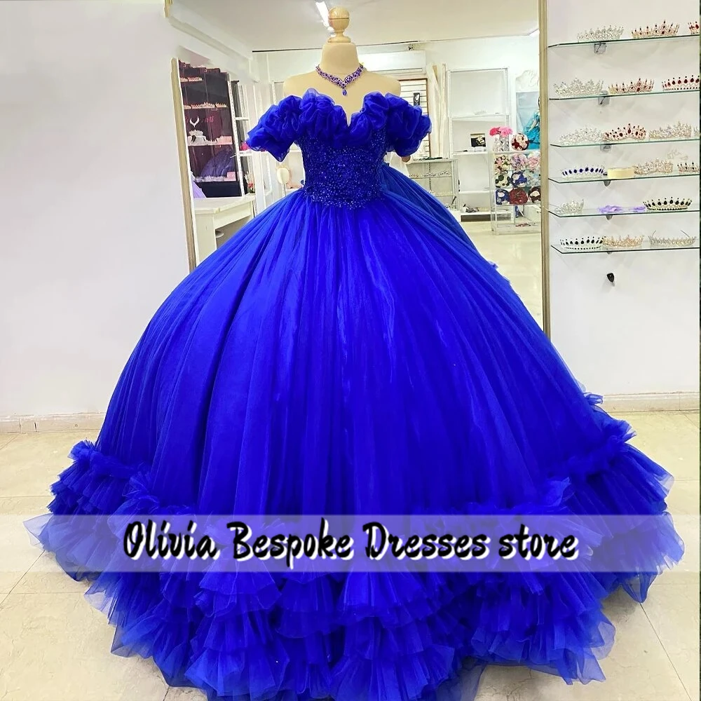 Chic King Blue Quinceanera ชุดลูกปัด Applique Ruched รถไฟ Ball Gown กับโบว์เม็กซิกันงานแต่งงาน vestidos de xv ปีที่กําหนดเอง