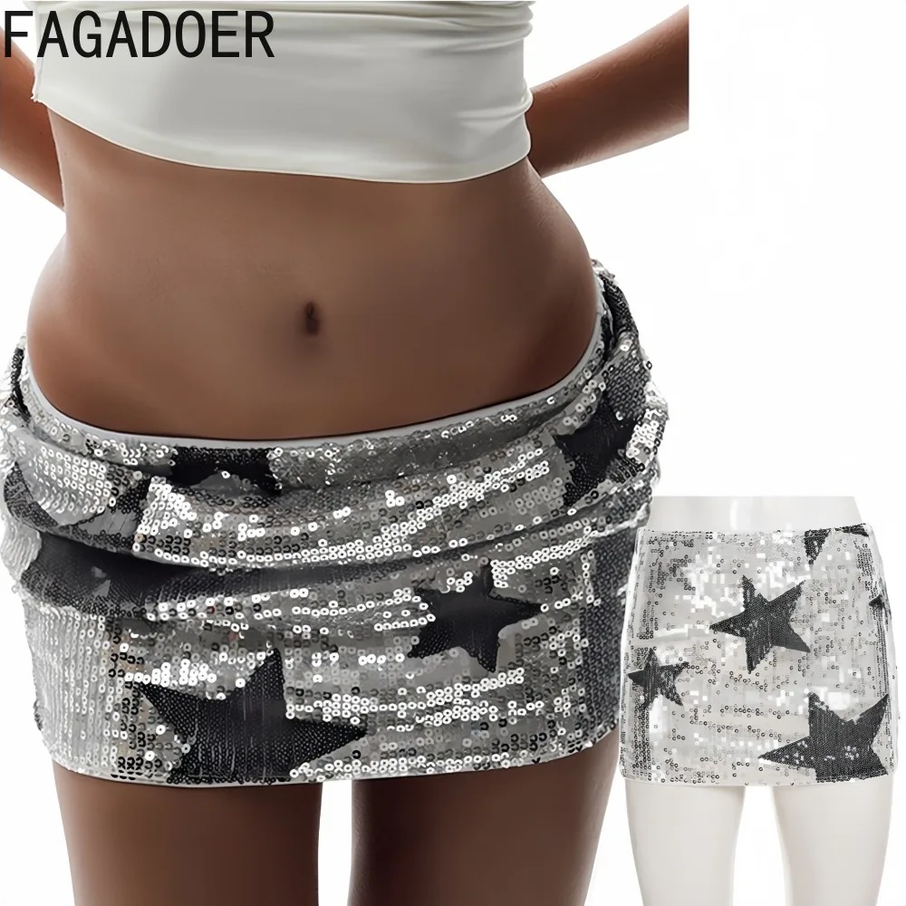 

FAGADOER Y2k Sexy Sequins Patchwork Bodycon Mini Skirt for Women Pattern Printing Shining Skirt Female Streetwear Bottoms New