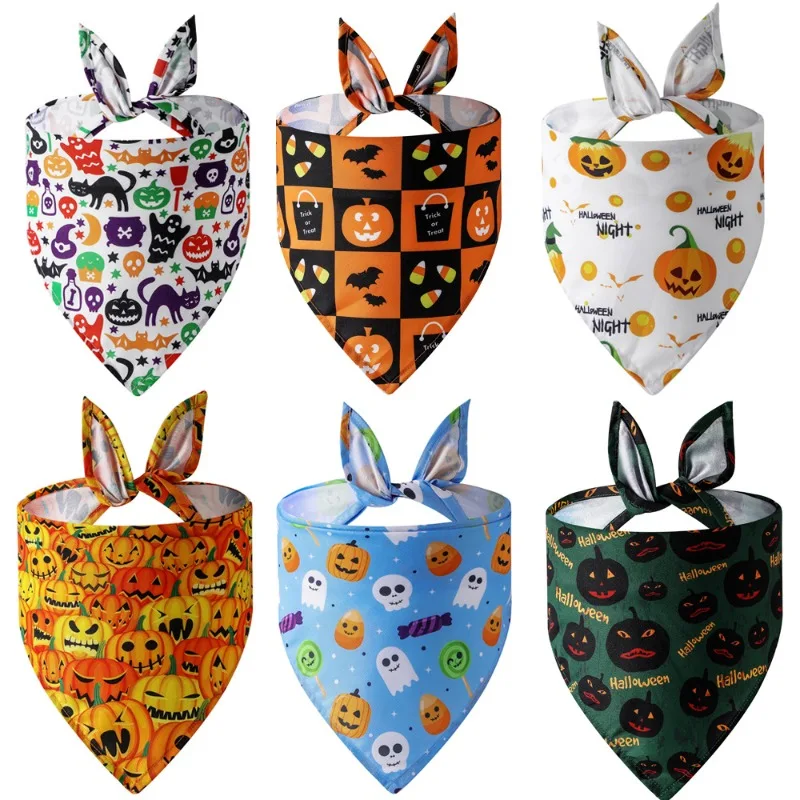

10pcs Eco-Friendly Halloween Washable Cotton Polyester Pet Drool Towel Dog Bandana Summer Print Customization Turban Scarf Bib