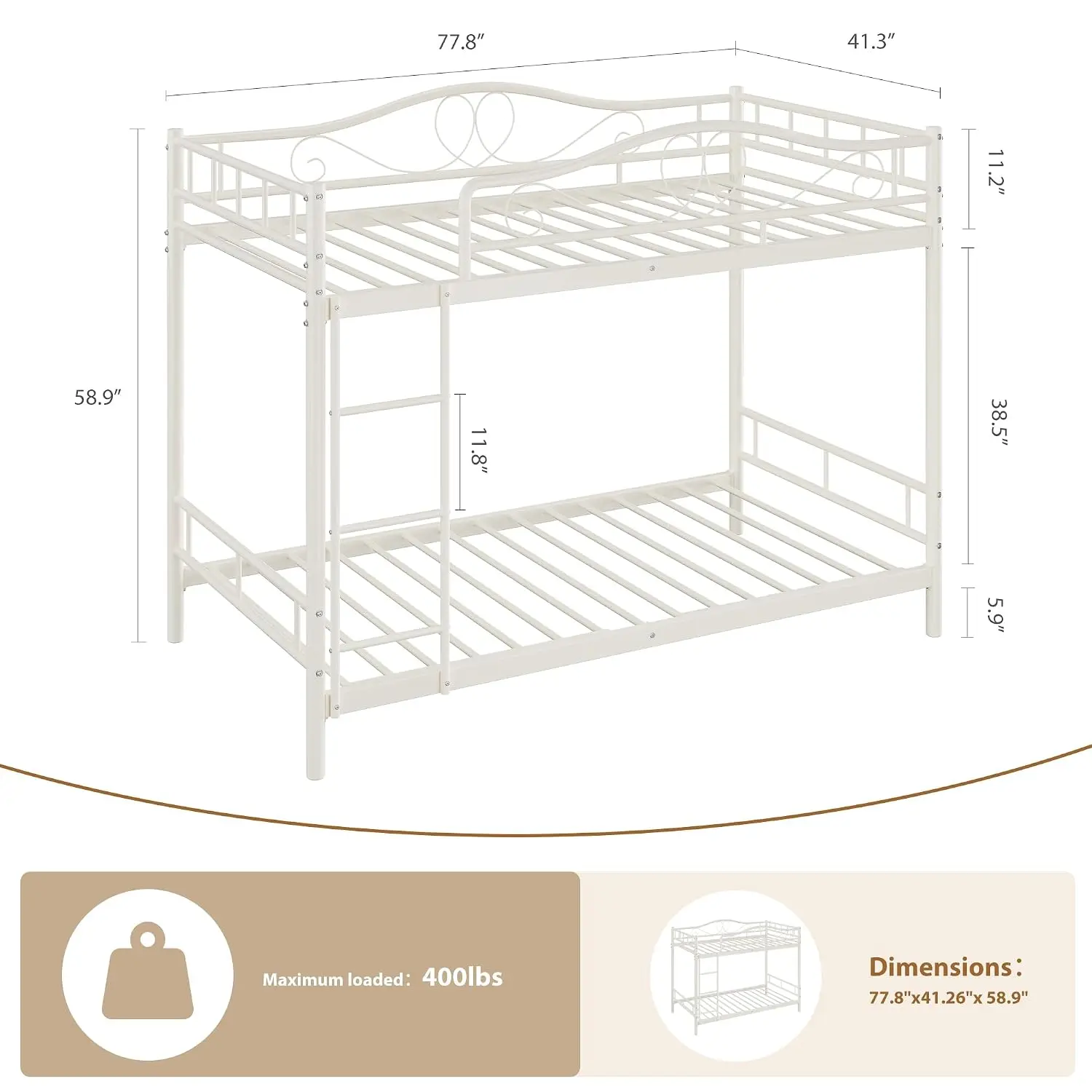 Twin Over Twin Bunk Bed with Ladder & Safety Guardrails, White Metal Frame, 400 lbs Capacity, Space Saving, Noise Free