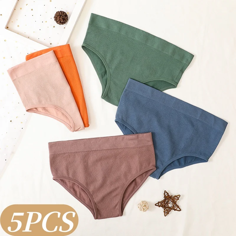 5-teiliges Set Damen Gerippte High-Waist Slips Sexy Lingerie Dehnbare Weiche Unterhosen Atmungsaktive Alltagsunterwäsche für Damen M-XL