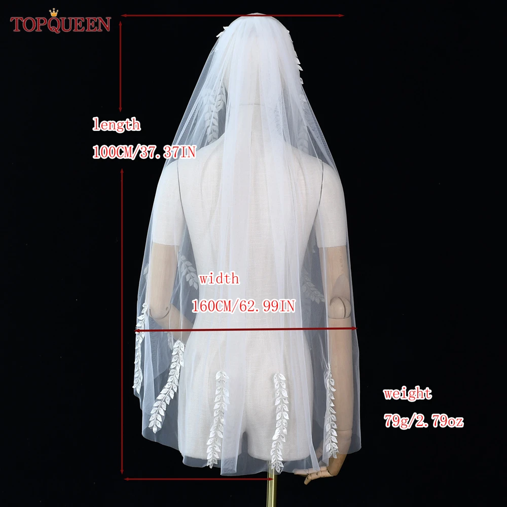 TOPQUEEN Boho Wedding Veils Sequined Leaf Shape Beaded Edge Bridal Veil 2024 Single Tier Beaded Lace Fingertip/Knee Length V244