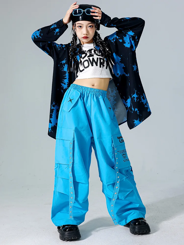 Jungen K-pop Street Dance Sets Tie-dye Hemd Cargo Hosen Mädchen Hip Hop Blau Jogger Kinder Kleidung Kinder jazz Streetwear