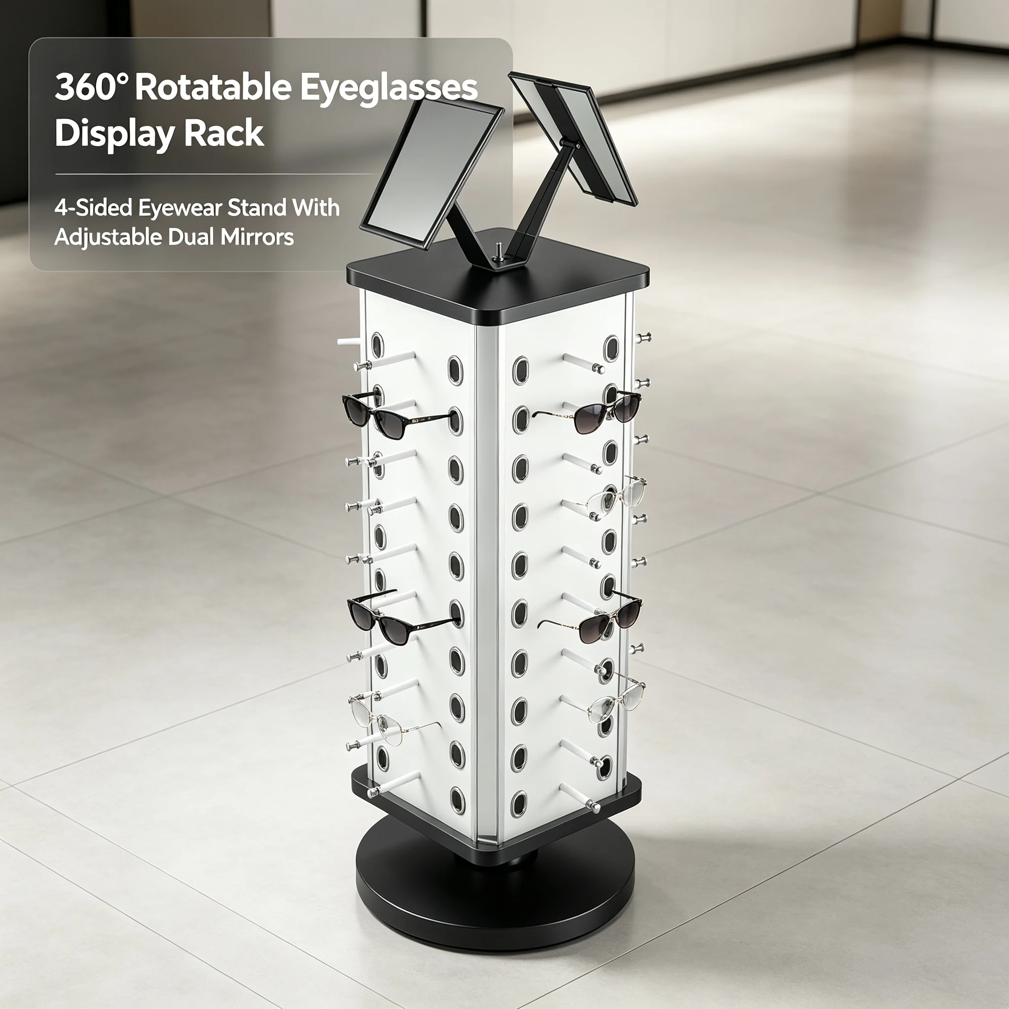 Rotating Eyeglasses Display Stand 360° Swivel, 4-Side Panel Holder for 44 Pairs of Glasses, 22 lbs Capacity, for Optical Shop Home Fashion Store, Black/Silver