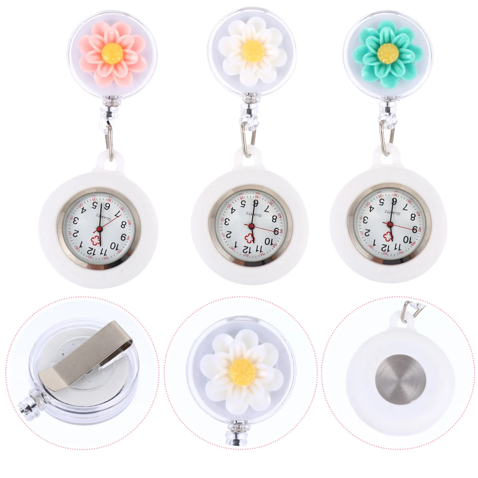 3-delige verpleegstershorloges siliconen intrekbare cartoon bloemclip lichtgewicht quartz horloge praktisch cadeau voor werk