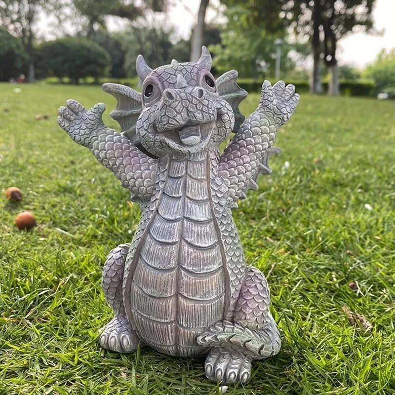 Garden Statue Dragon Meditation Statue Led Lighting Resin Ornament Dinosaur Shape Sculpture Outdoor Yard Decoration Home Decor