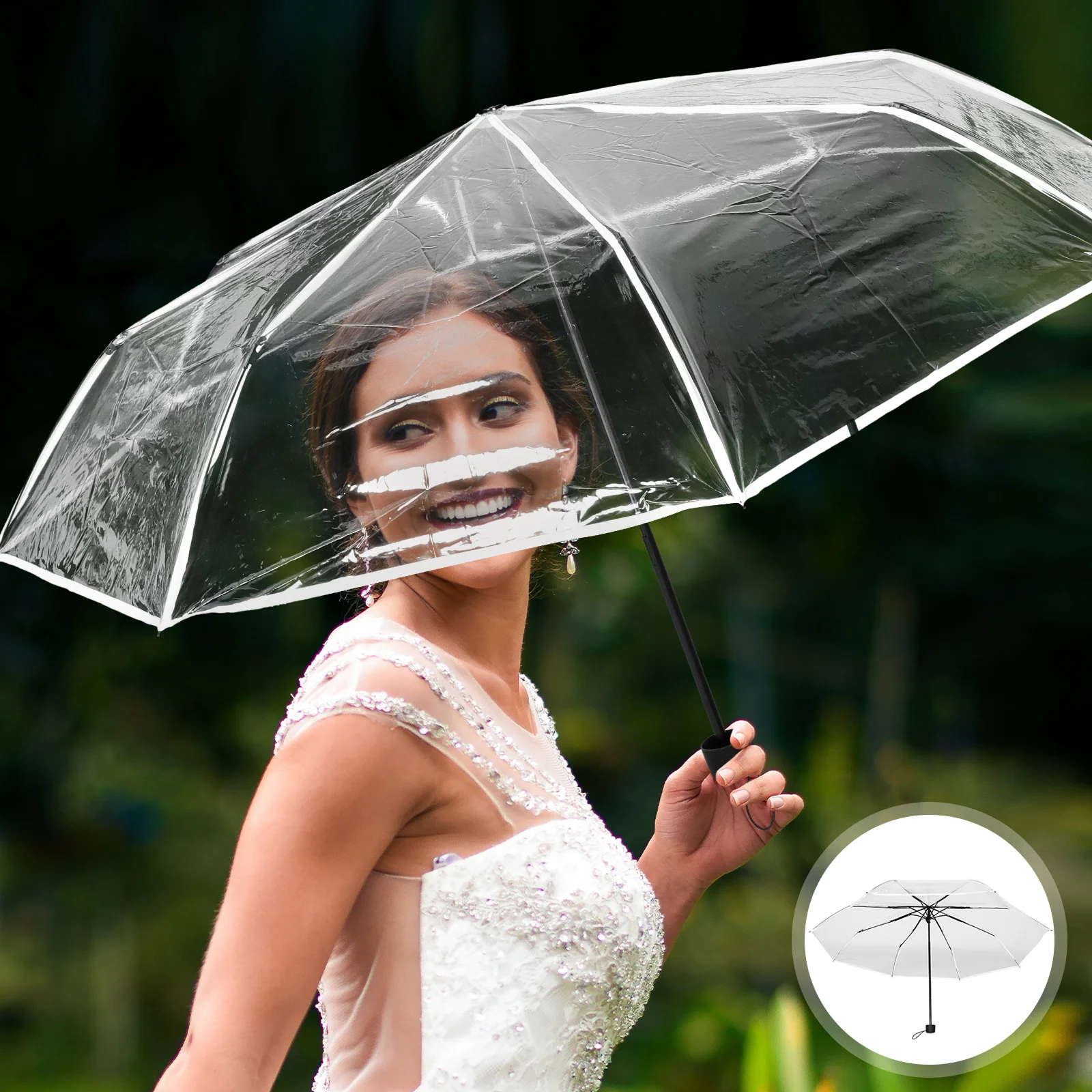 

Clear Folding Automatic Umbrella Portable Windproof Lightweight Strong Umbrella with Wood Handle for Travel Rain Protection
