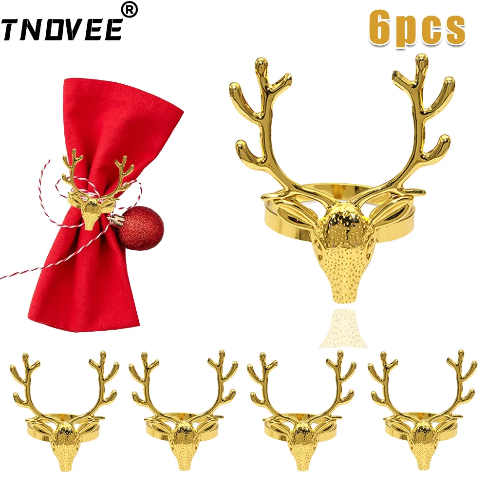 6Pcs Gold Napkin Rings Christmas Deer Napkin Holder Metal Elk Napkin Buckle for Wedding Party Xmas Dinner Table Decoration