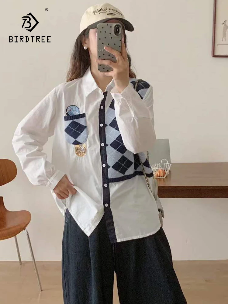 

New 2025 Winter Cotton Long Sleeve Shirt, Women Lapel Woollen Patchwork, Mori Girl French Design Casual Loose Blouse T5N788CC