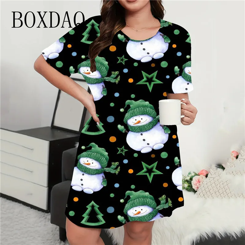 Cartoon Christmas Tree Print Dress For Women Fashion Short Sleeve Loose A-Line Dress Casual Christmas Party Evening Mini Dresses